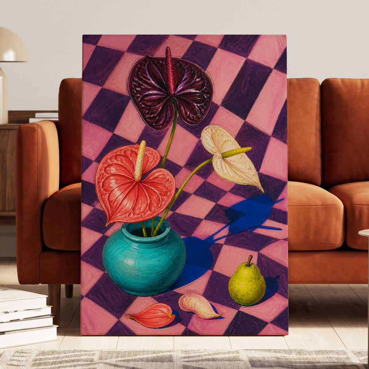 Anthurium Checkmate, pink, purple, red floral wall art displayed in a styled interior, gallery view 7
