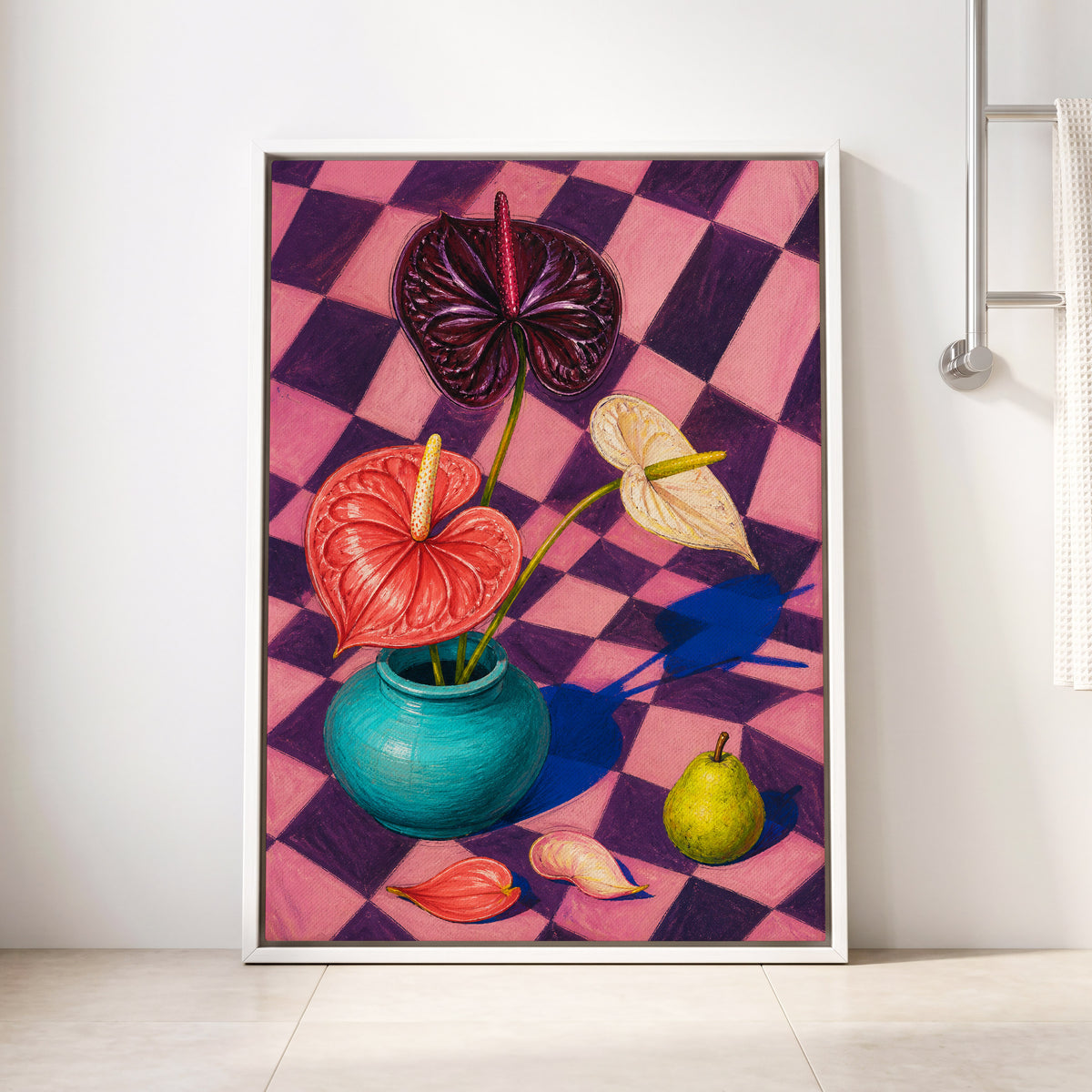 Anthurium Checkmate, pink, purple, red floral wall art displayed in a styled interior, gallery view 8