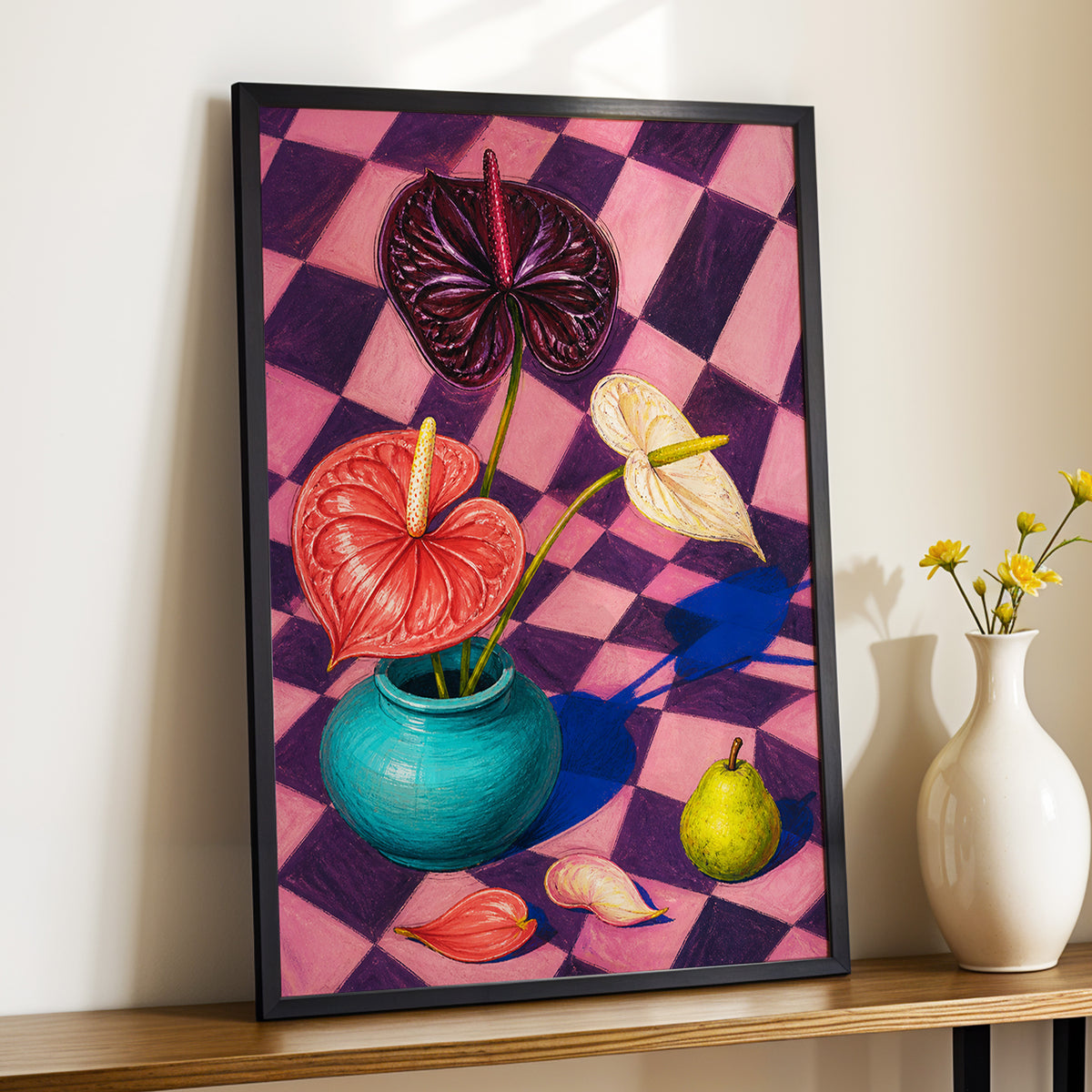 Anthurium Checkmate, pink, purple, red floral wall art displayed in a styled interior, gallery view 9