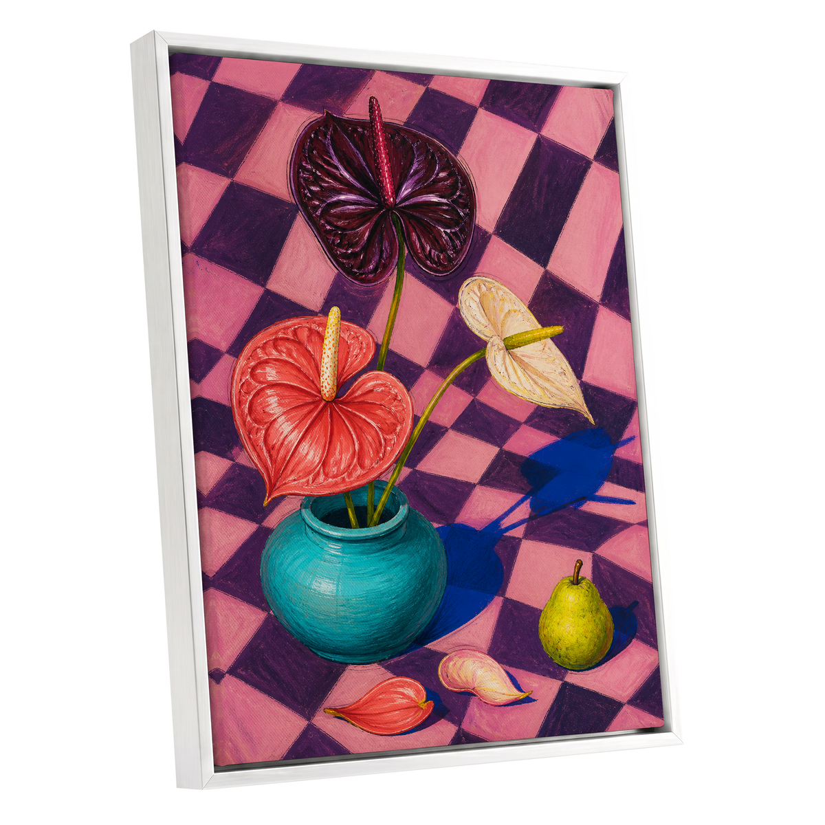 Anthurium Checkmate, pink, purple, red floral wall art shown as a white framed canvas wall art