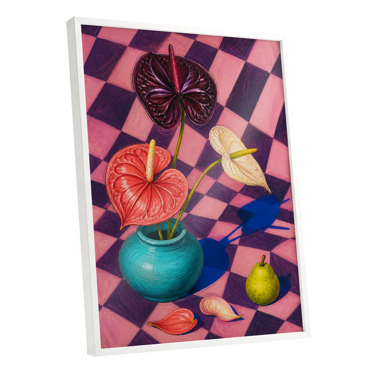 Anthurium Checkmate, pink, purple, red floral wall art shown as a white framed poster wall art print