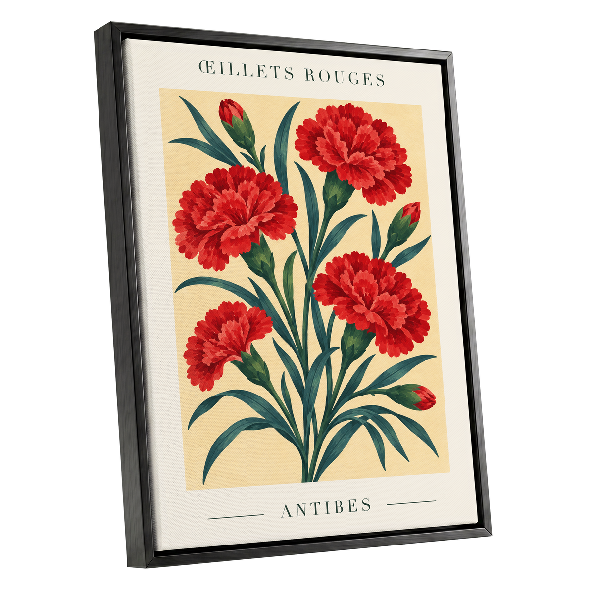 Antibes in Crimson, red, green, beige floral wall art shown as a black framed canvas wall art