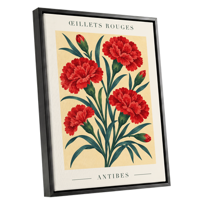 Antibes in Crimson, red, green, beige floral wall art shown as a black framed canvas wall art