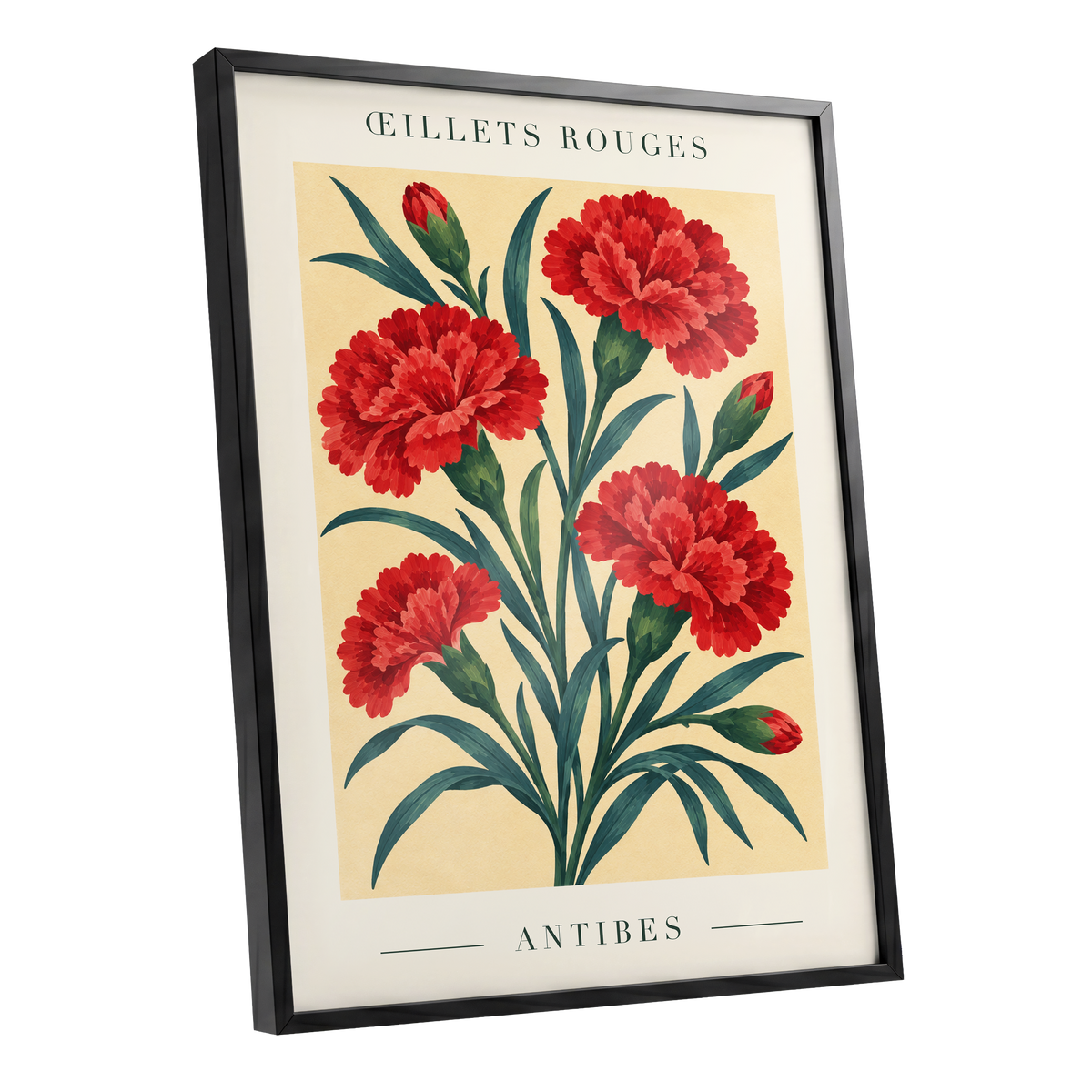Antibes in Crimson, red, green, beige floral wall art shown as a black framed poster wall art print