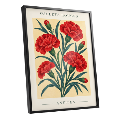 Antibes in Crimson, red, green, beige floral wall art shown as a black framed poster wall art print