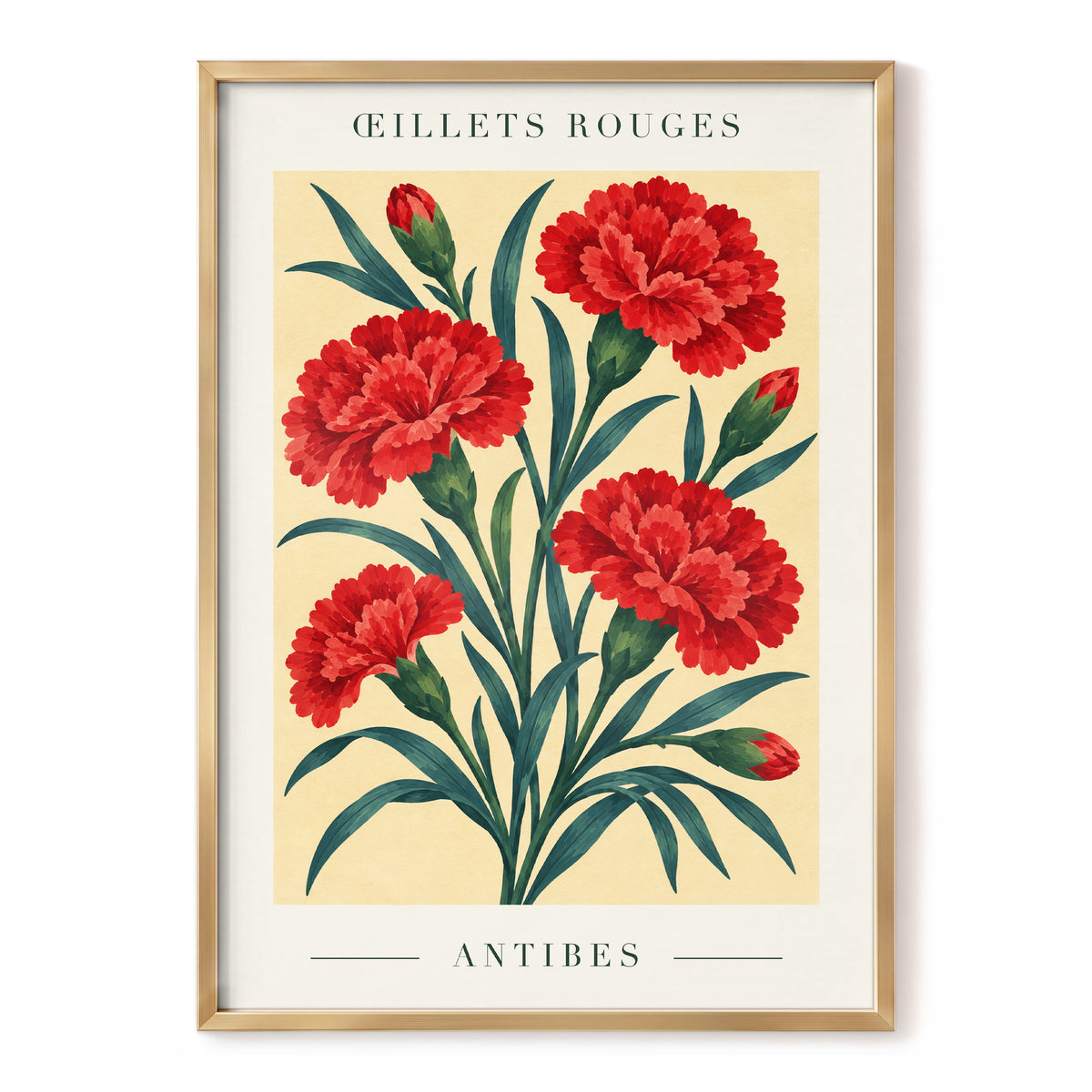 Antibes in Crimson, red, green, beige floral wall art, front artwork view