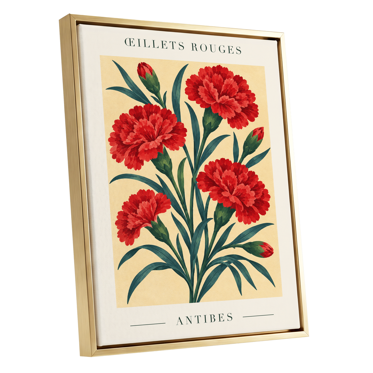 Antibes in Crimson, red, green, beige floral wall art shown as a gold framed canvas wall art