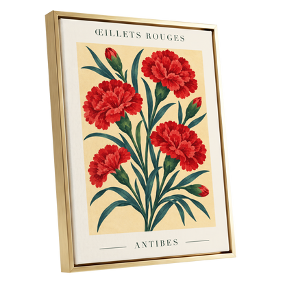Antibes in Crimson, red, green, beige floral wall art shown as a gold framed canvas wall art
