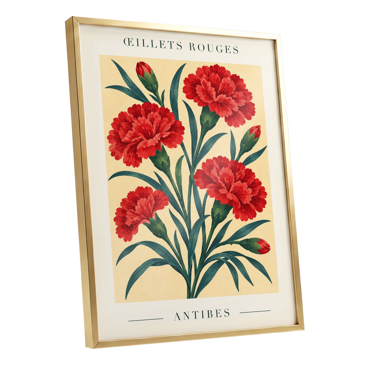 Antibes in Crimson, red, green, beige floral wall art shown as a gold framed poster wall art print