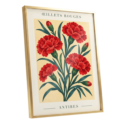 Antibes in Crimson, red, green, beige floral wall art shown as a gold framed poster wall art print