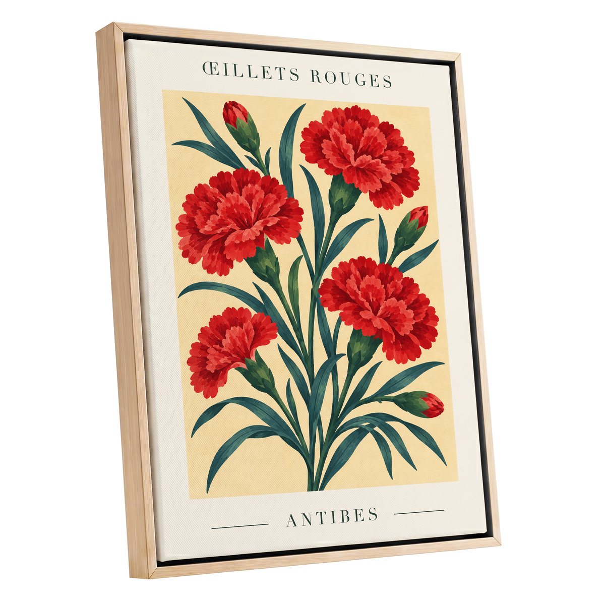 Antibes in Crimson, red, green, beige floral wall art shown as a oak framed canvas wall art