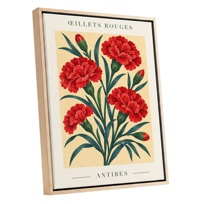Antibes in Crimson, red, green, beige floral wall art shown as a oak framed canvas wall art