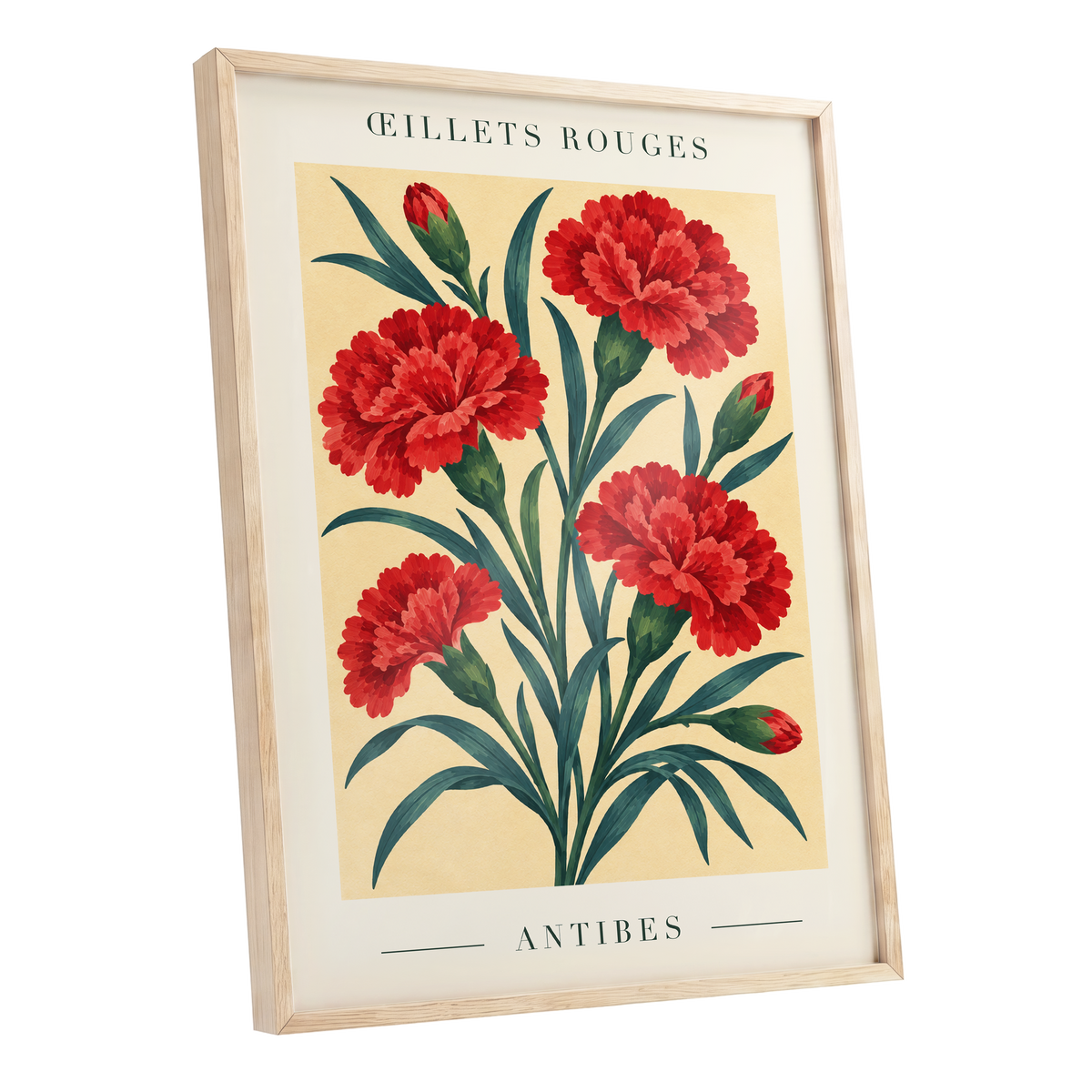 Antibes in Crimson, red, green, beige floral wall art shown as a oak framed poster wall art print
