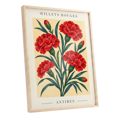 Antibes in Crimson, red, green, beige floral wall art shown as a oak framed poster wall art print