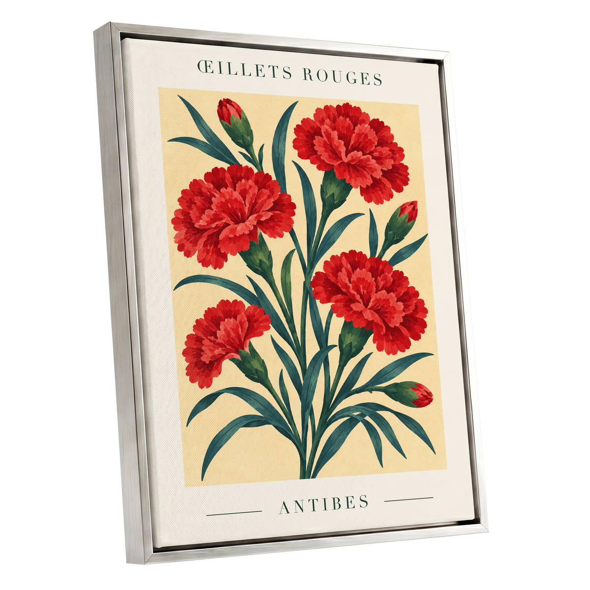 Antibes in Crimson, red, green, beige floral wall art shown as a silver framed canvas wall art