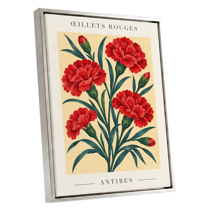 Antibes in Crimson, red, green, beige floral wall art shown as a silver framed canvas wall art