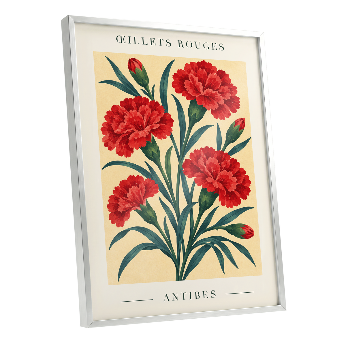 Antibes in Crimson, red, green, beige floral wall art shown as a silver framed poster wall art print