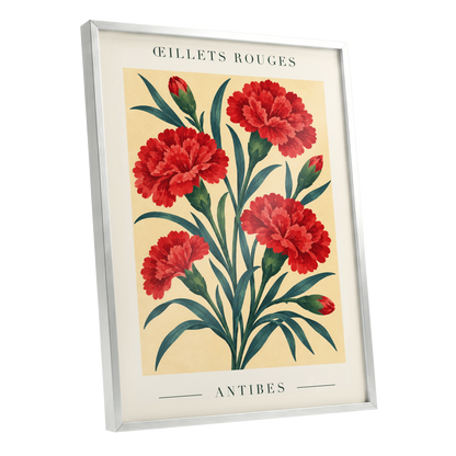 Antibes in Crimson, red, green, beige floral wall art shown as a silver framed poster wall art print