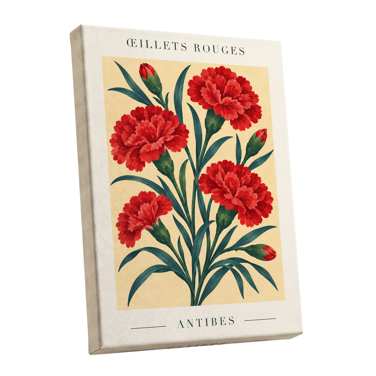 Antibes in Crimson, red, green, beige floral wall art shown as a stretched canvas wall art