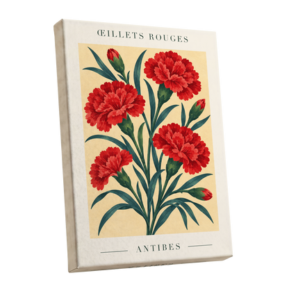 Antibes in Crimson, red, green, beige floral wall art shown as a stretched canvas wall art