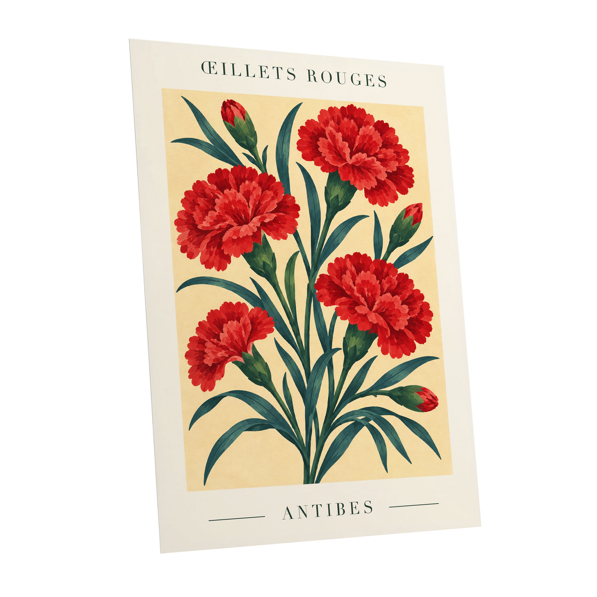 Antibes in Crimson, red, green, beige floral wall art shown as a unframed poster wall art print