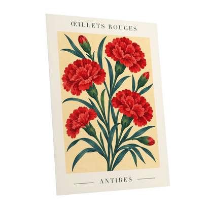 Antibes in Crimson, red, green, beige floral wall art shown as a unframed poster wall art print