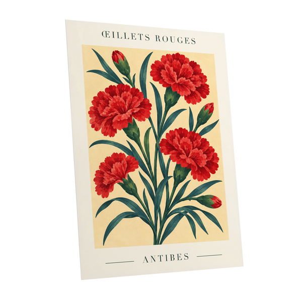 Antibes in Crimson, red, green, beige floral wall art shown as a unframed poster wall art print