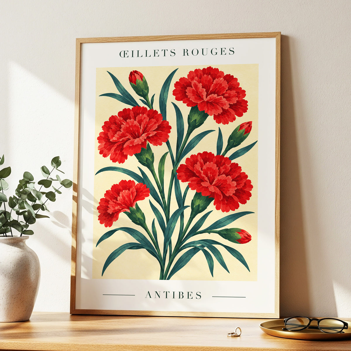 Antibes in Crimson, red, green, beige floral wall art displayed in a styled interior, gallery view 2