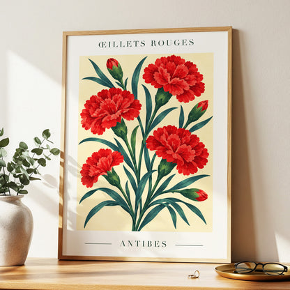 Antibes in Crimson, red, green, beige floral wall art displayed in a styled interior, gallery view 2