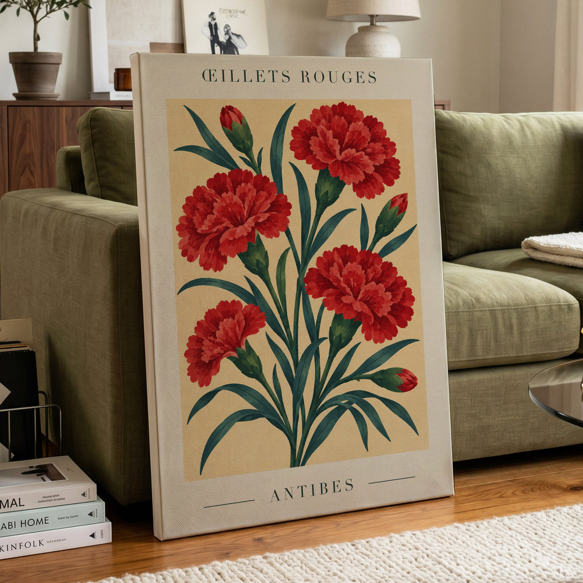 Antibes in Crimson, red, green, beige floral wall art displayed in a styled interior, gallery view 3