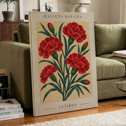 Antibes in Crimson, red, green, beige floral wall art displayed in a styled interior, gallery view 3
