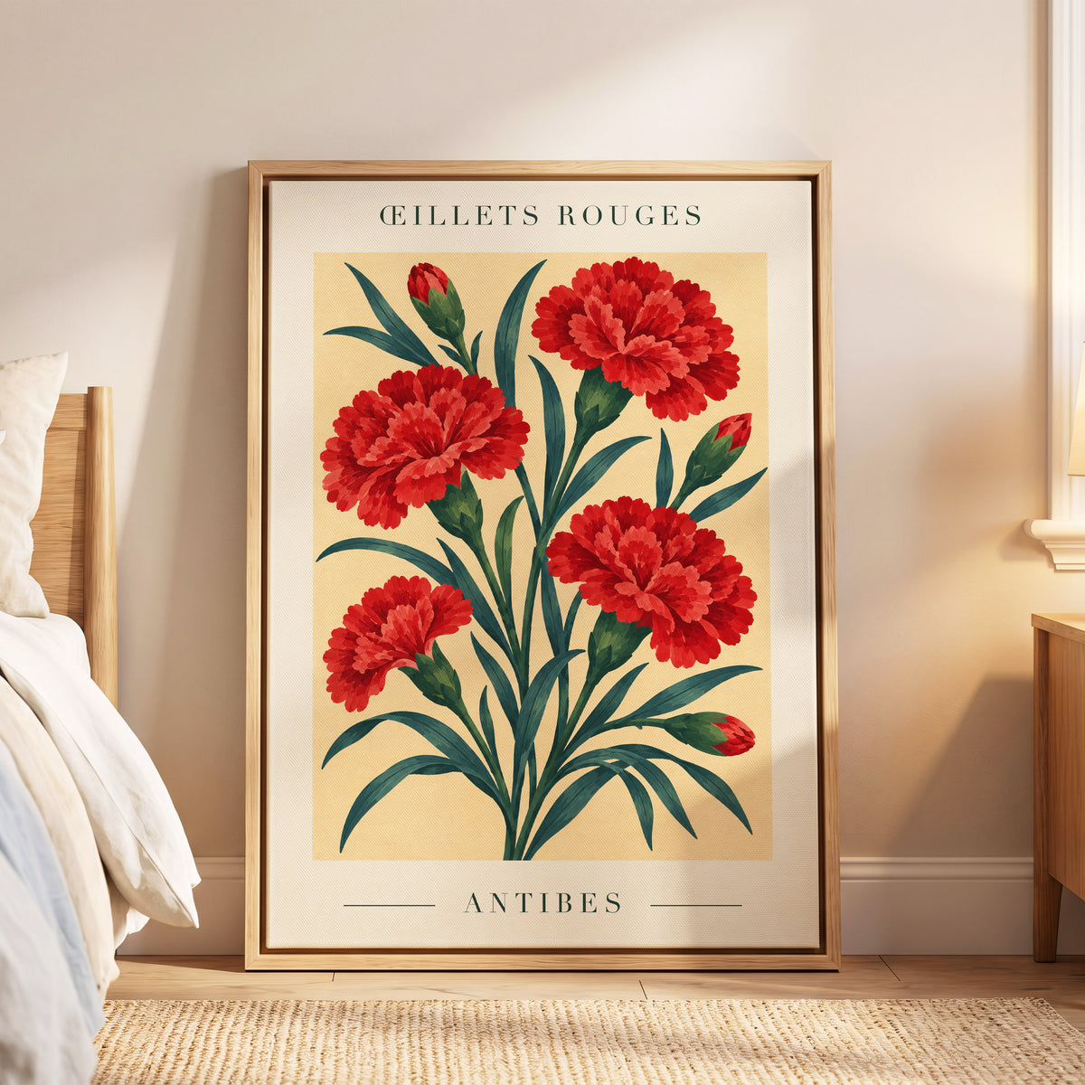 Antibes in Crimson, red, green, beige floral wall art displayed in a styled interior, gallery view 4