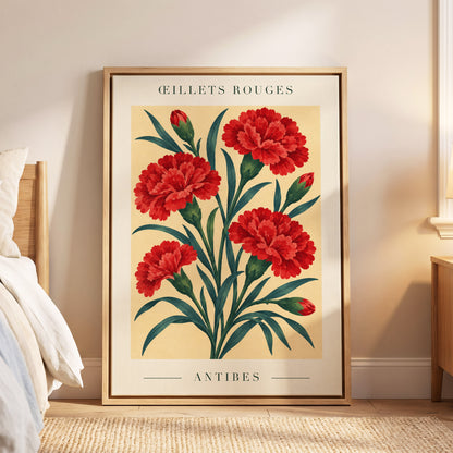 Antibes in Crimson, red, green, beige floral wall art displayed in a styled interior, gallery view 4