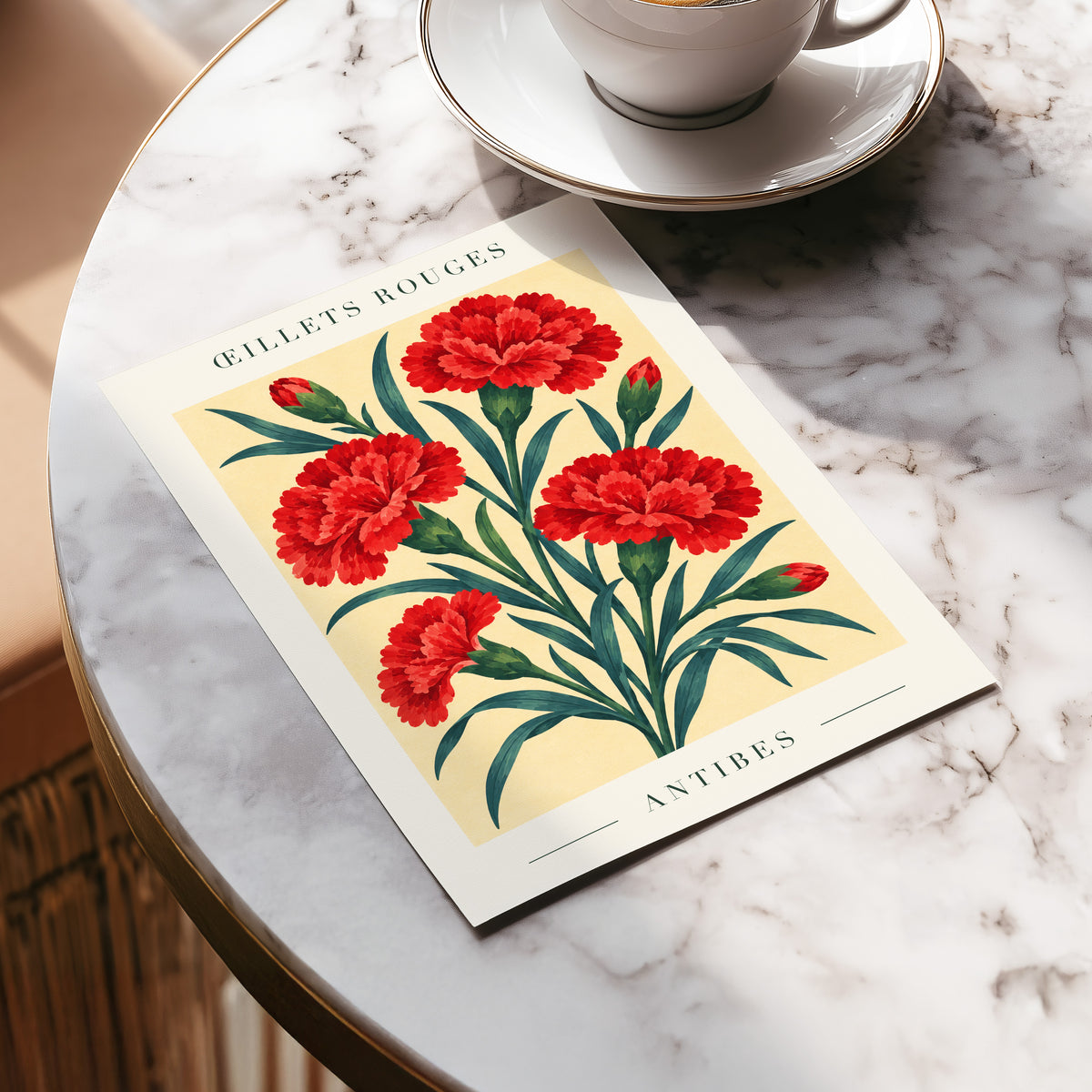Antibes in Crimson, red, green, beige floral wall art displayed in a styled interior, gallery view 5
