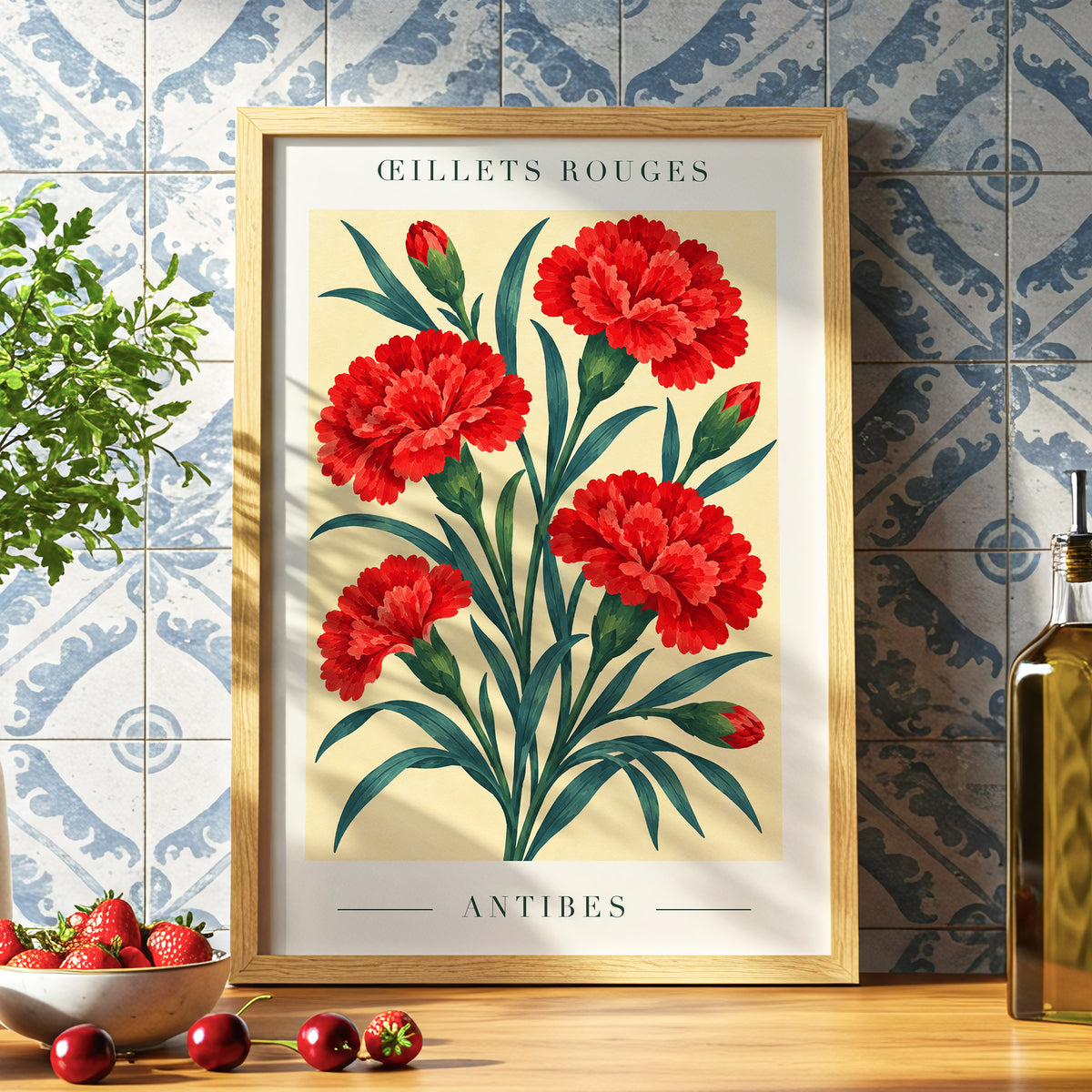 Antibes in Crimson, red, green, beige floral wall art displayed in a styled interior, gallery view 6