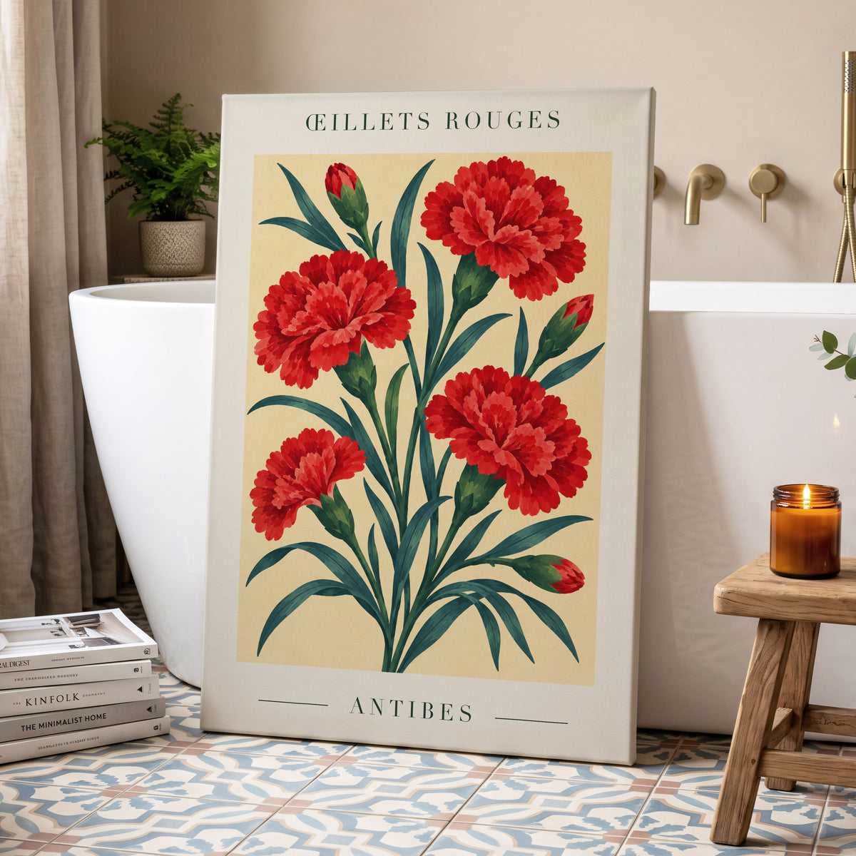 Antibes in Crimson, red, green, beige floral wall art displayed in a styled interior, gallery view 7