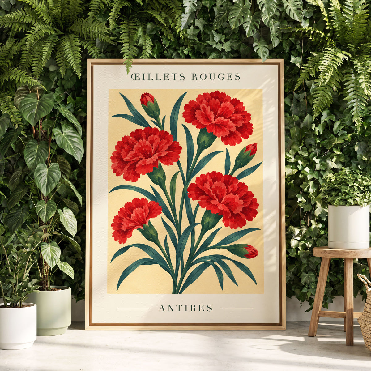 Antibes in Crimson, red, green, beige floral wall art displayed in a styled interior, gallery view 8