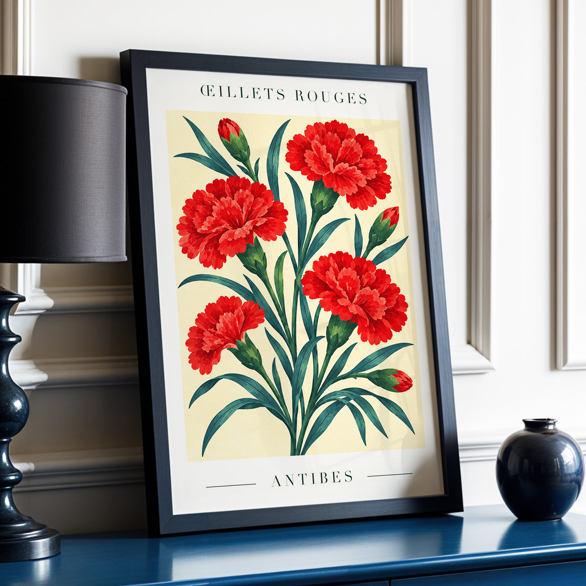 Antibes in Crimson, red, green, beige floral wall art displayed in a styled interior, gallery view 9