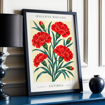 Antibes in Crimson, red, green, beige floral wall art displayed in a styled interior, gallery view 9