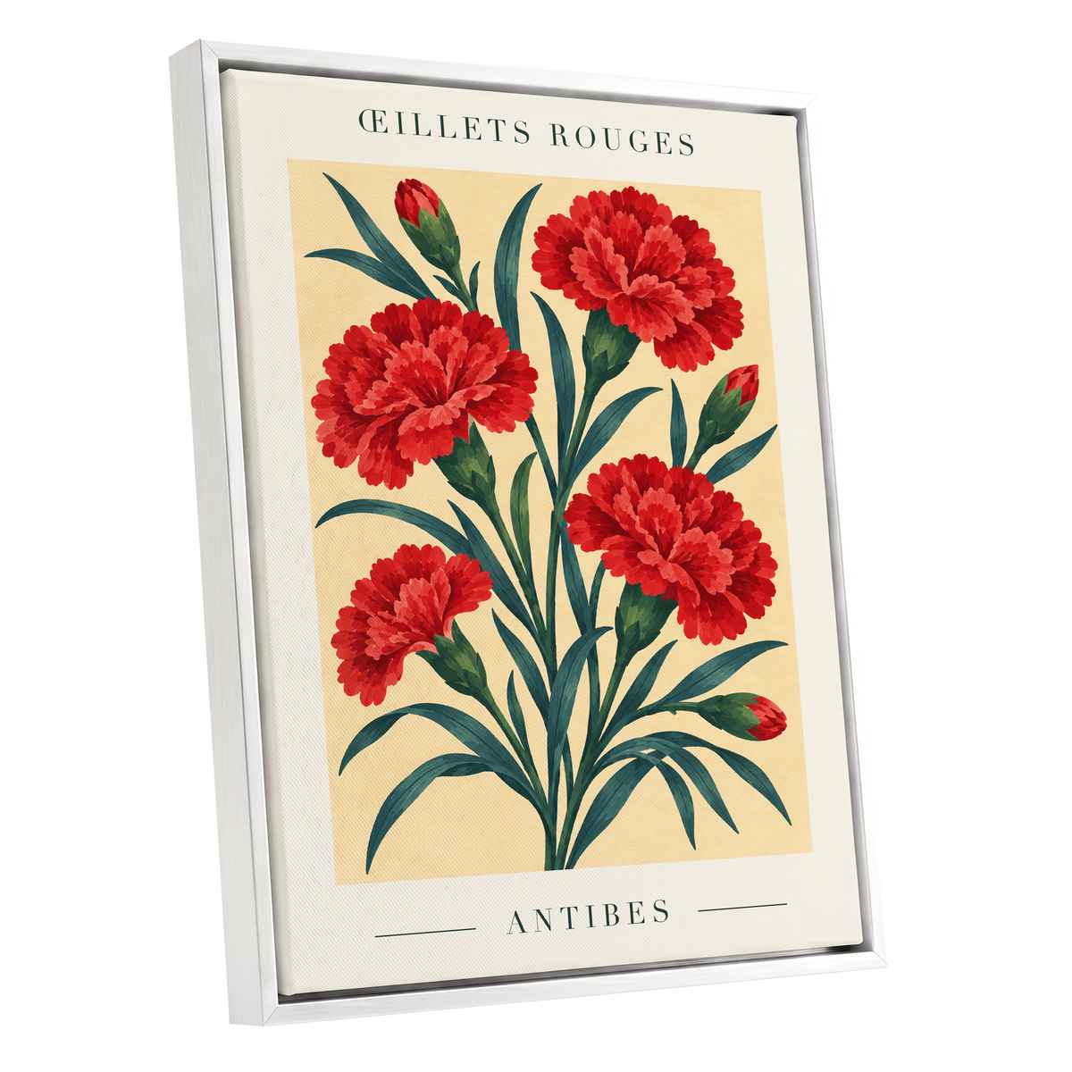 Antibes in Crimson, red, green, beige floral wall art shown as a white framed canvas wall art