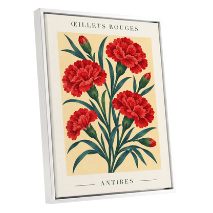 Antibes in Crimson, red, green, beige floral wall art shown as a white framed canvas wall art