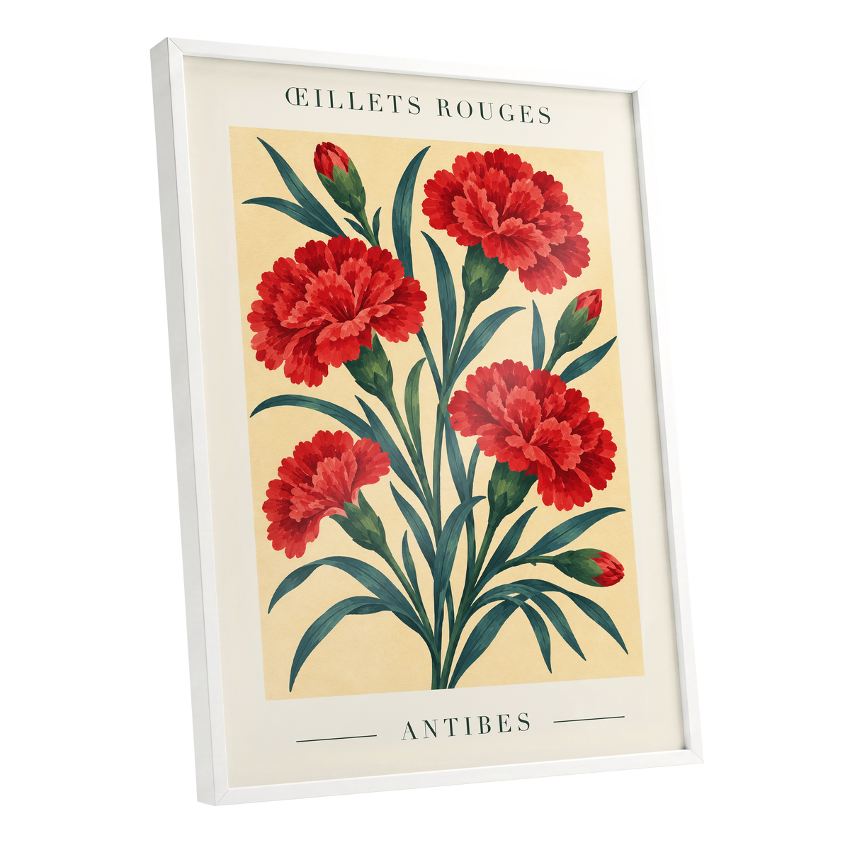 Antibes in Crimson, red, green, beige floral wall art shown as a white framed poster wall art print