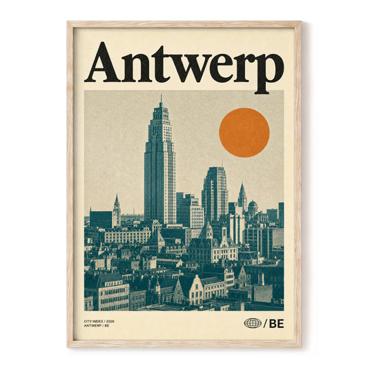Antwerp in Ochre, beige, green, orange minimalist wall art, front artwork view