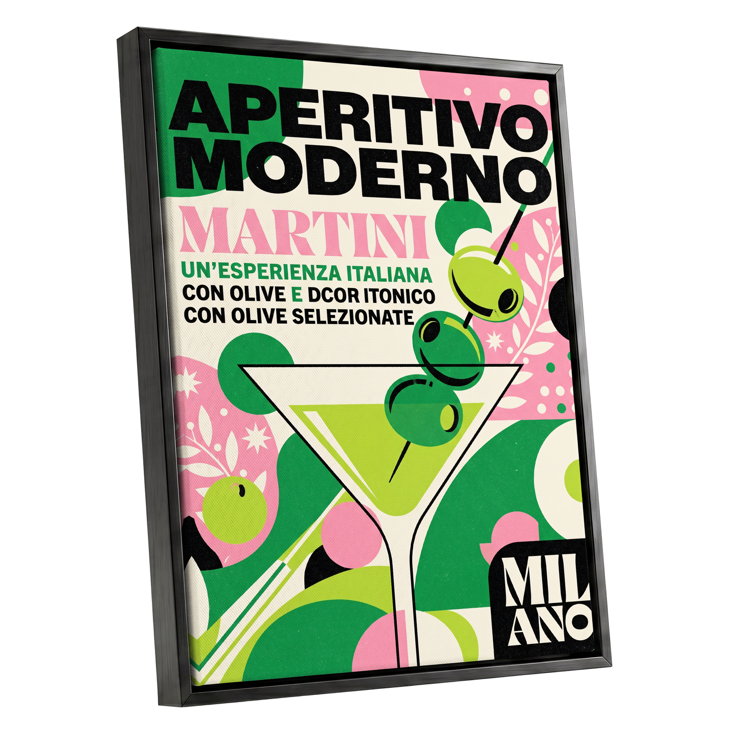 Aperitivo Moderno, green, pink, beige minimalist wall art shown as a black framed canvas wall art