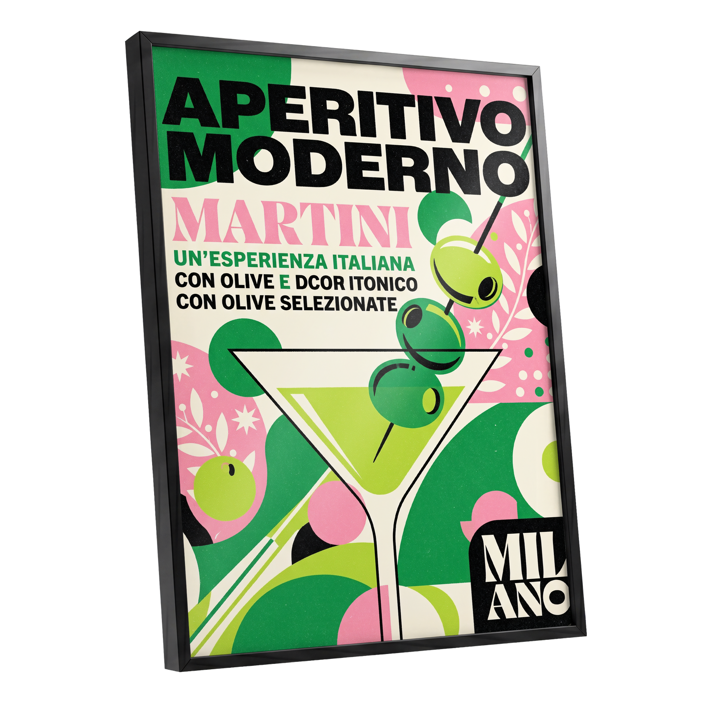 Aperitivo Moderno, green, pink, beige minimalist wall art shown as a black framed poster wall art print