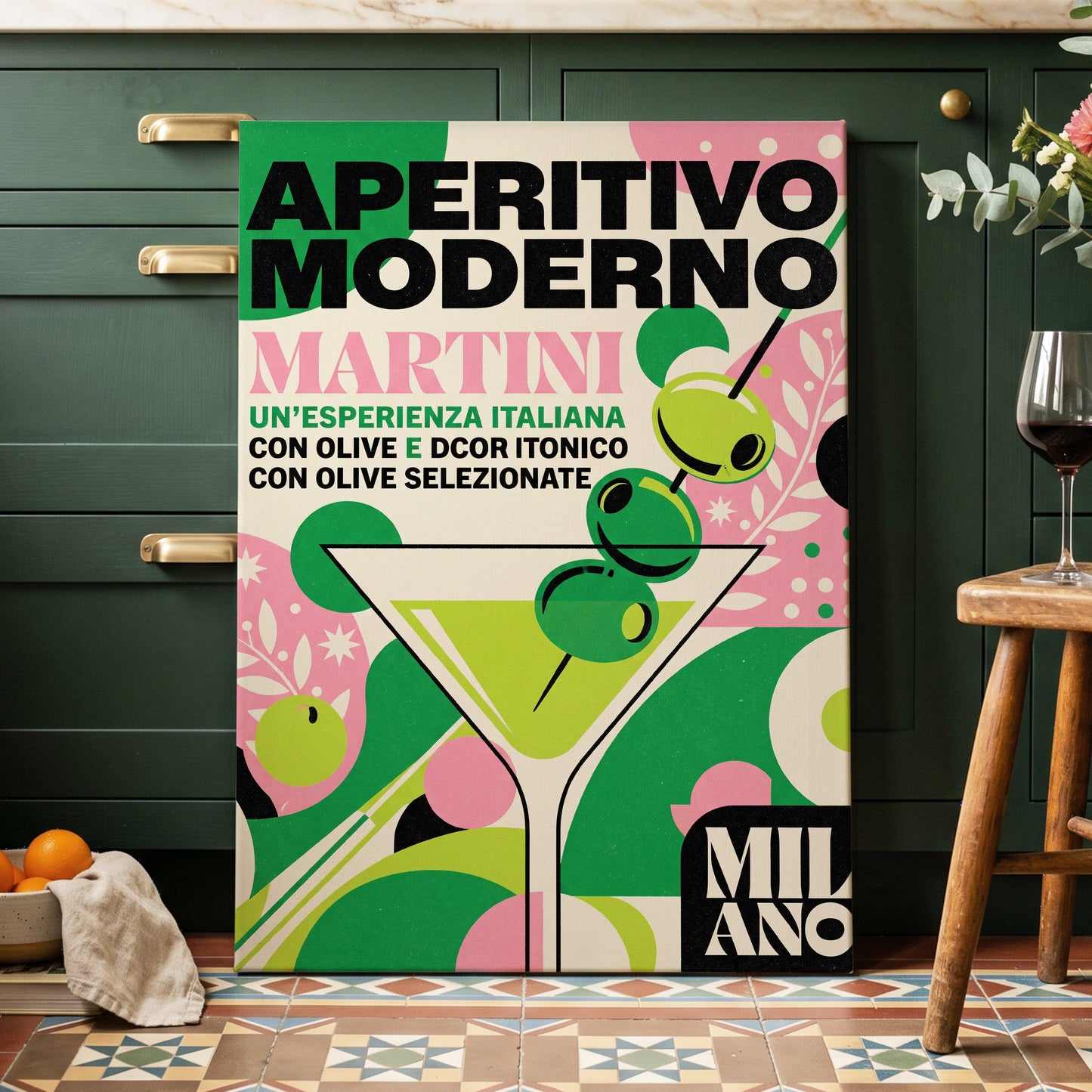 Aperitivo Moderno, green, pink, beige minimalist wall art on canvas displayed in a styled interior, gallery view 1