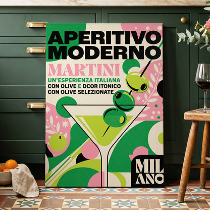 Aperitivo Moderno, green, pink, beige minimalist wall art on canvas displayed in a styled interior, gallery view 1