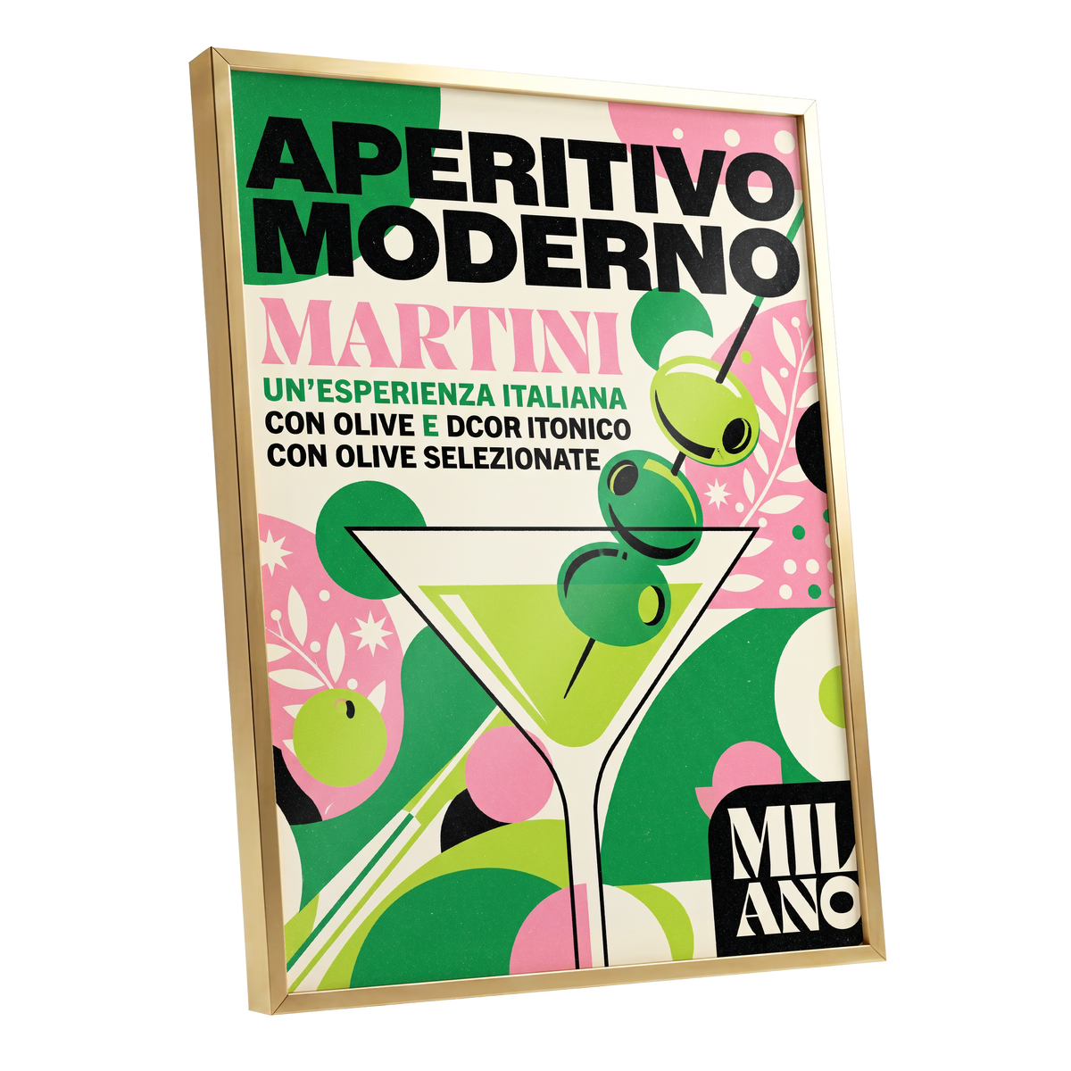Aperitivo Moderno, green, pink, beige minimalist wall art shown as a gold framed poster wall art print