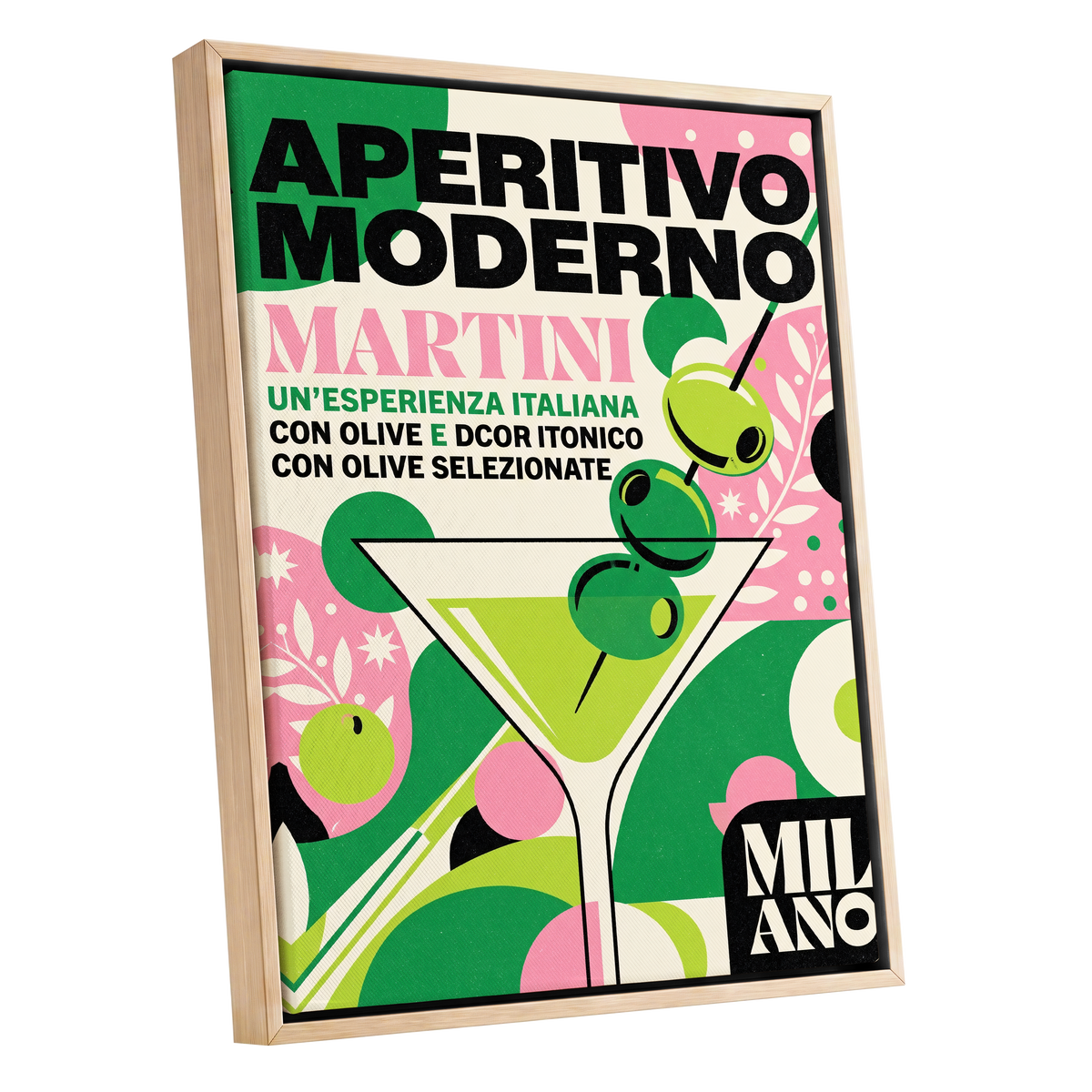 Aperitivo Moderno, green, pink, beige minimalist wall art shown as a oak framed canvas wall art