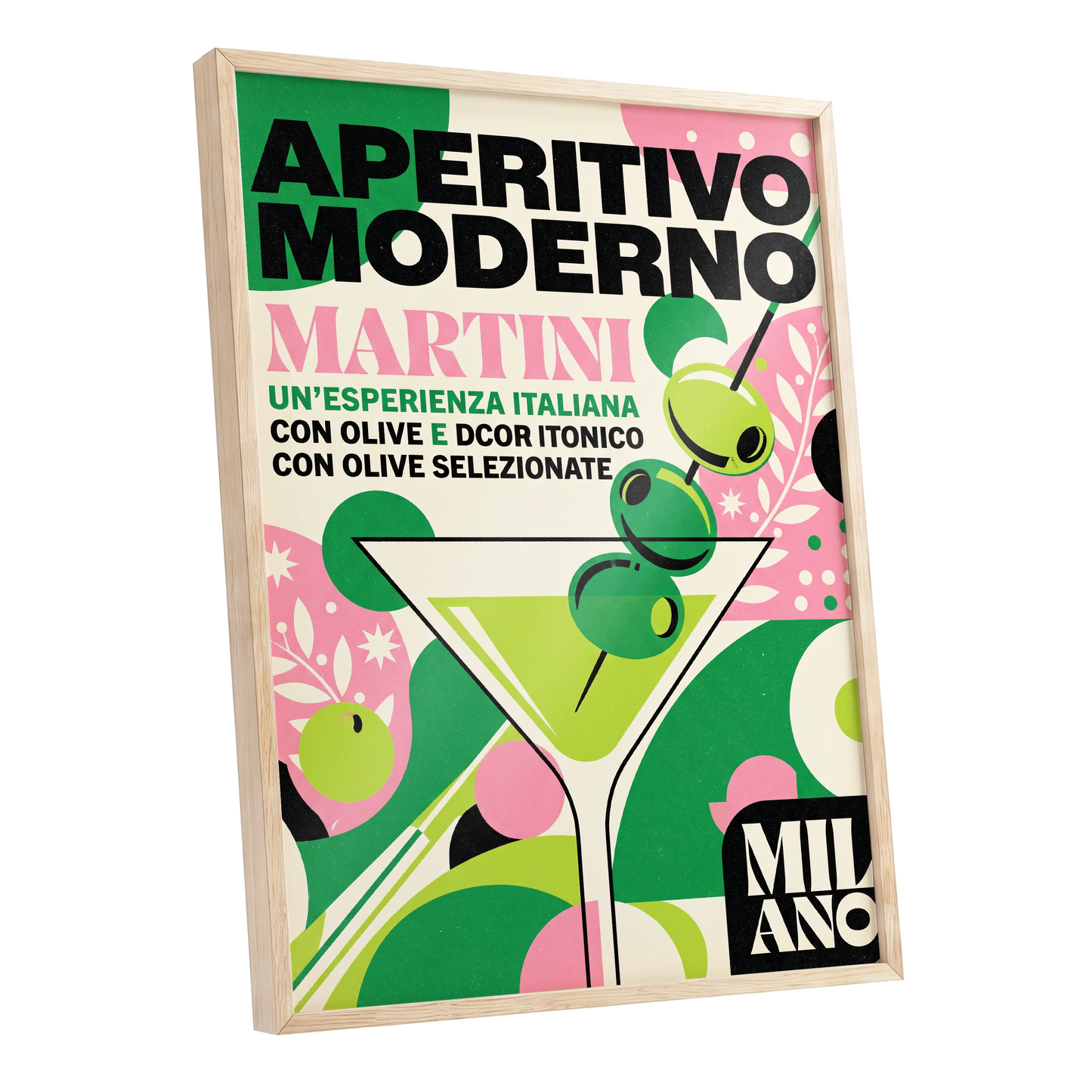 Aperitivo Moderno, green, pink, beige minimalist wall art shown as a oak framed poster wall art print
